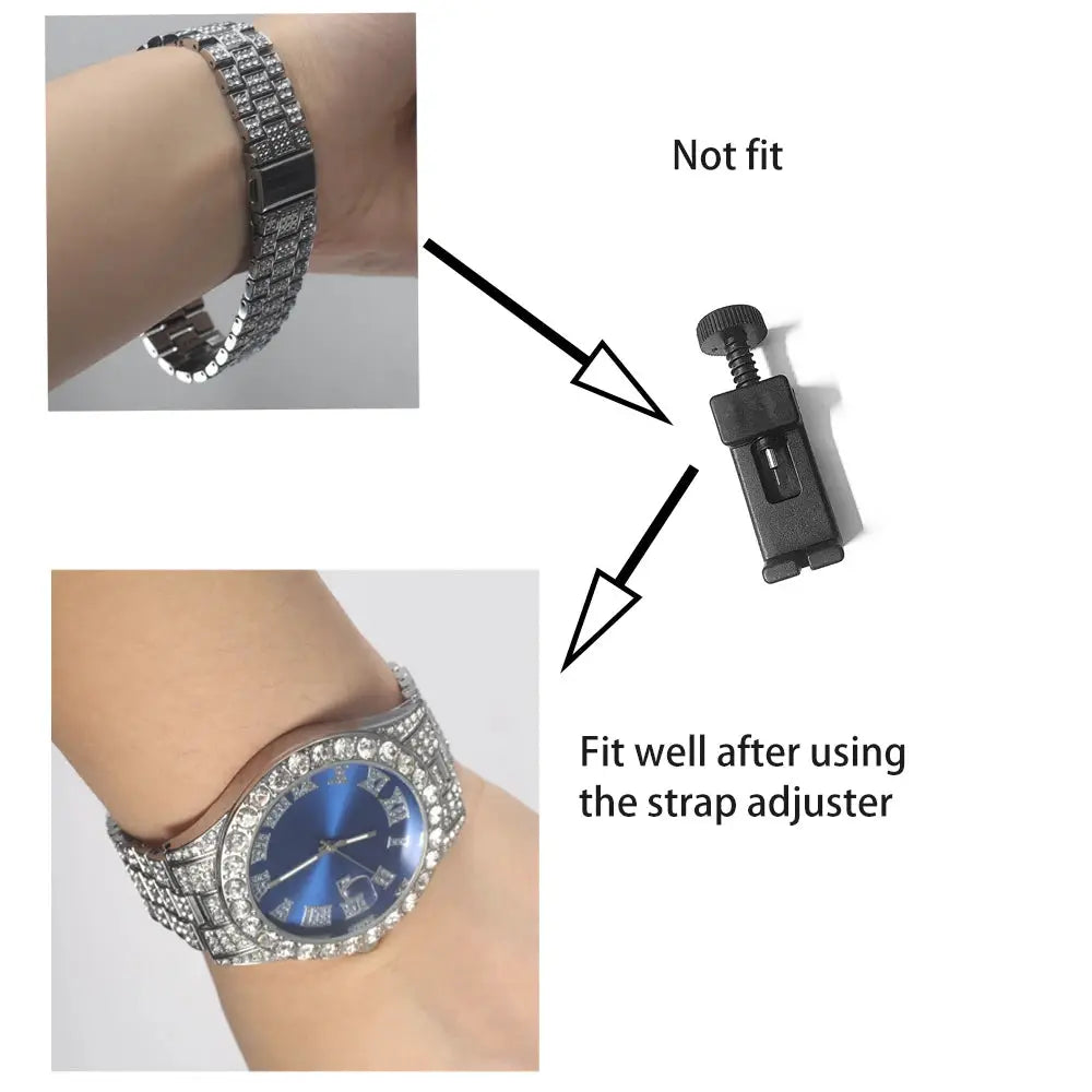 UrbanPulse Mens Hip Hop Silver Watch Set With Diamond Inlay Cuban Chain And Bracelet Adjustable Gift