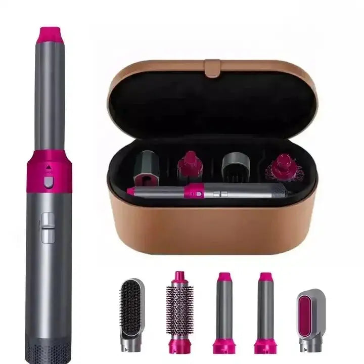 Hair dryer 5-in-1 kit with pink accents by Simples Market, includes multiple brush attachments and a case