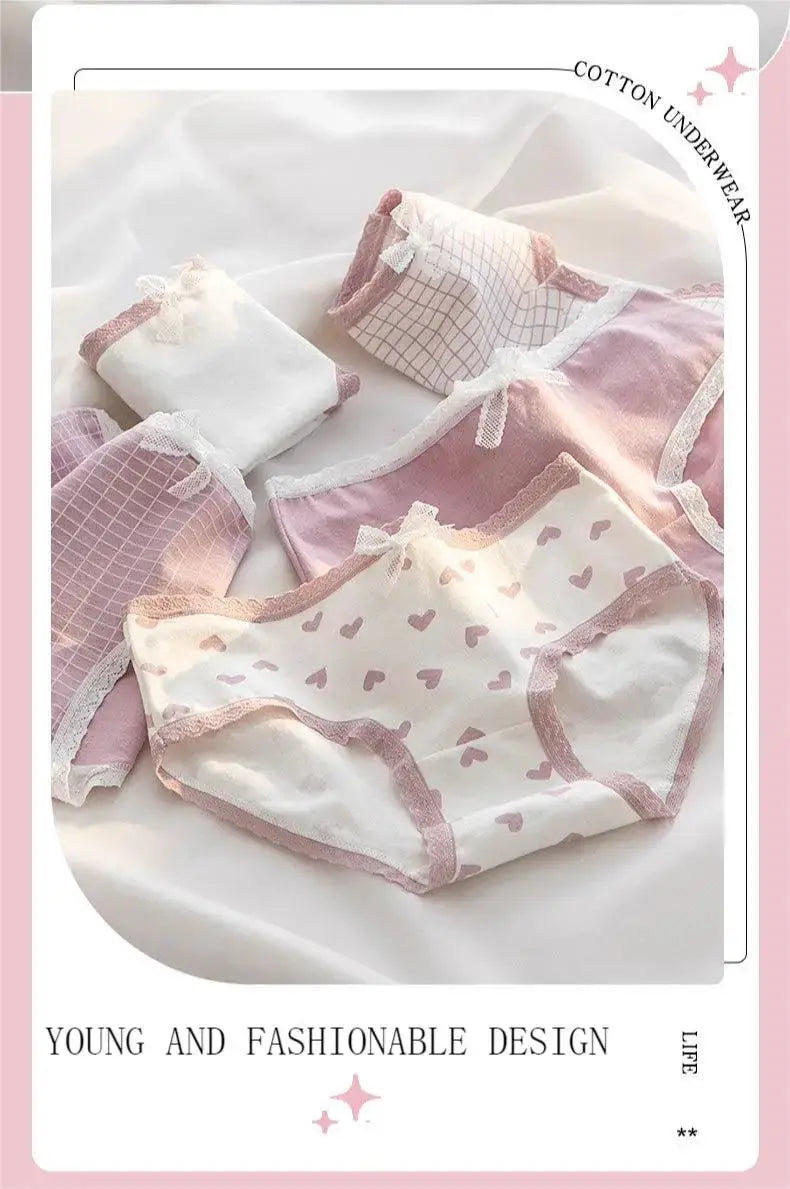 Simples Market 5Pcs cotton panties for women, pink and white heart print, breathable lace-trim briefs