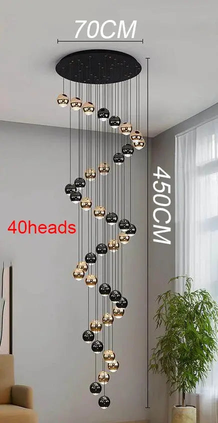 Pendant light by Simples Market; modern LED chandelier with 40 black and copper spheres, 70cm diameter, 450cm drop