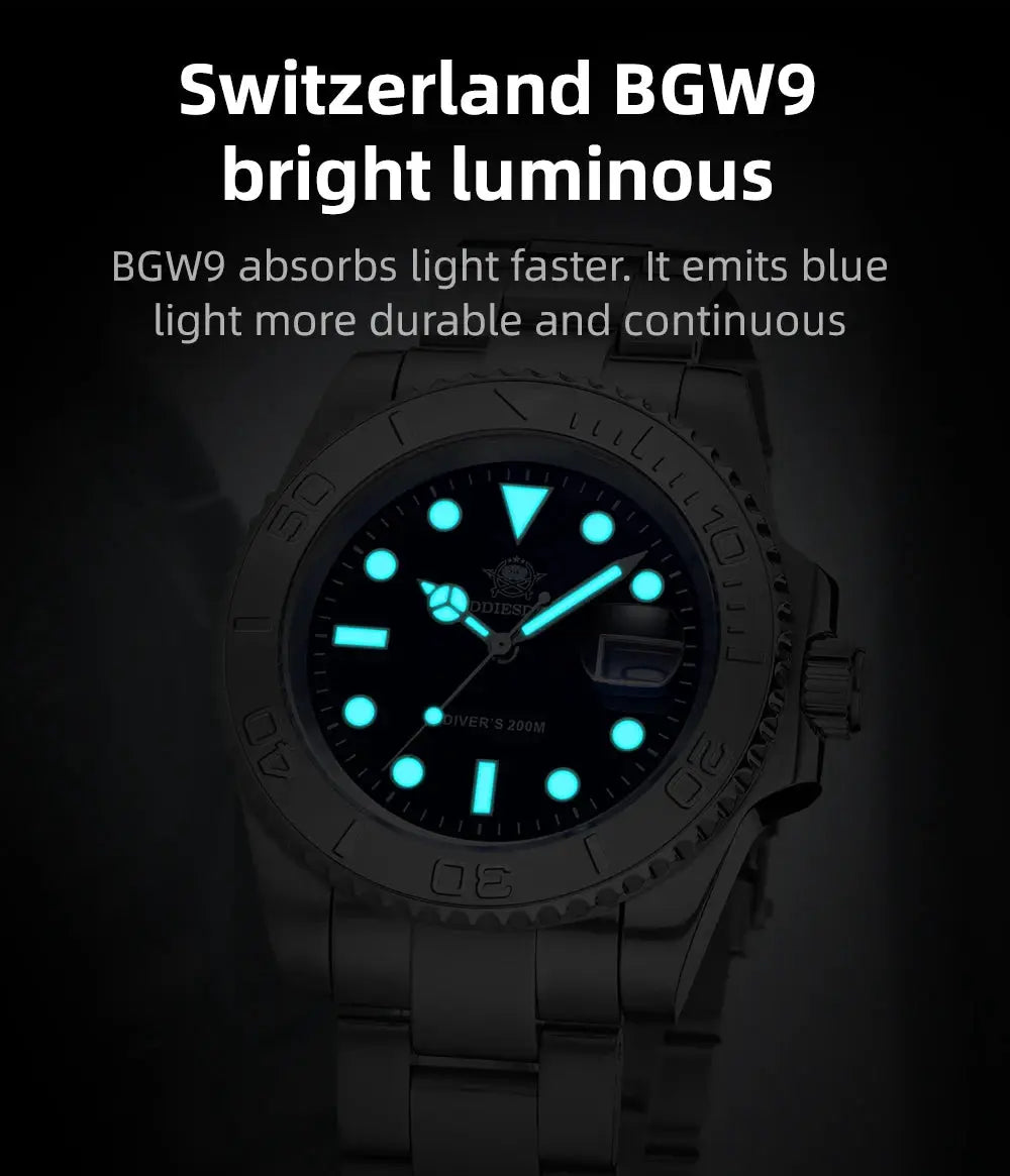 ADDIESIDVE men's stainless steel diver watch, 200m water resistance, BGW9 super-luminous blue dial