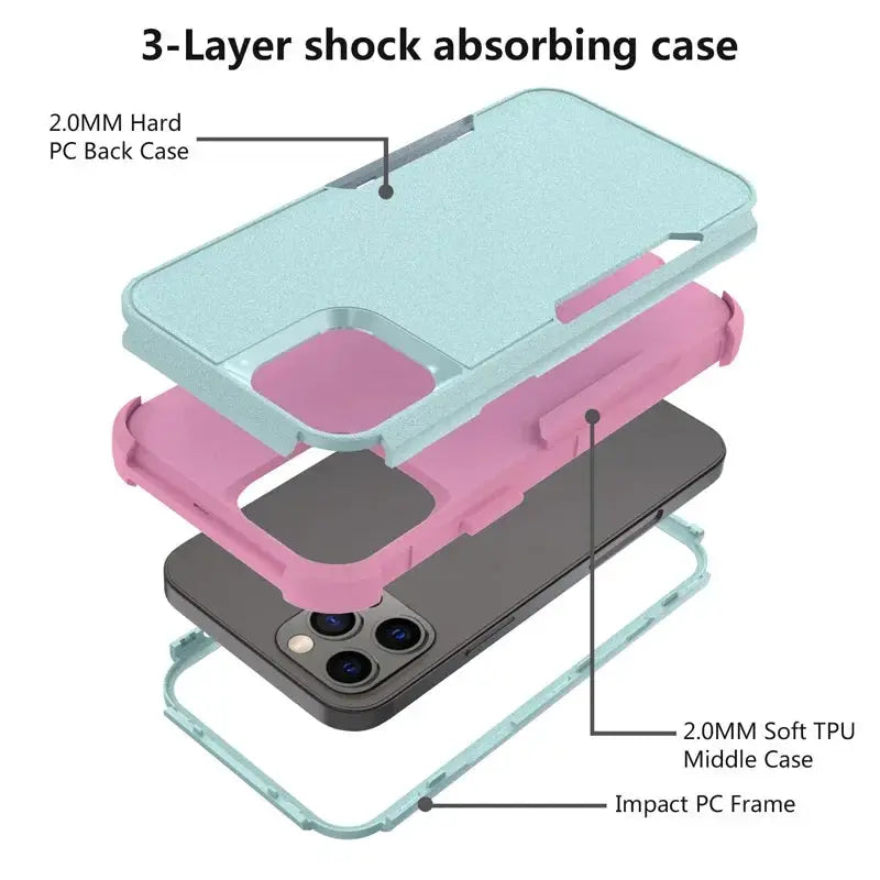 3-layer shock-absorbing iPhone case by Simples Market with blue back, pink TPU middle, clear edge frame