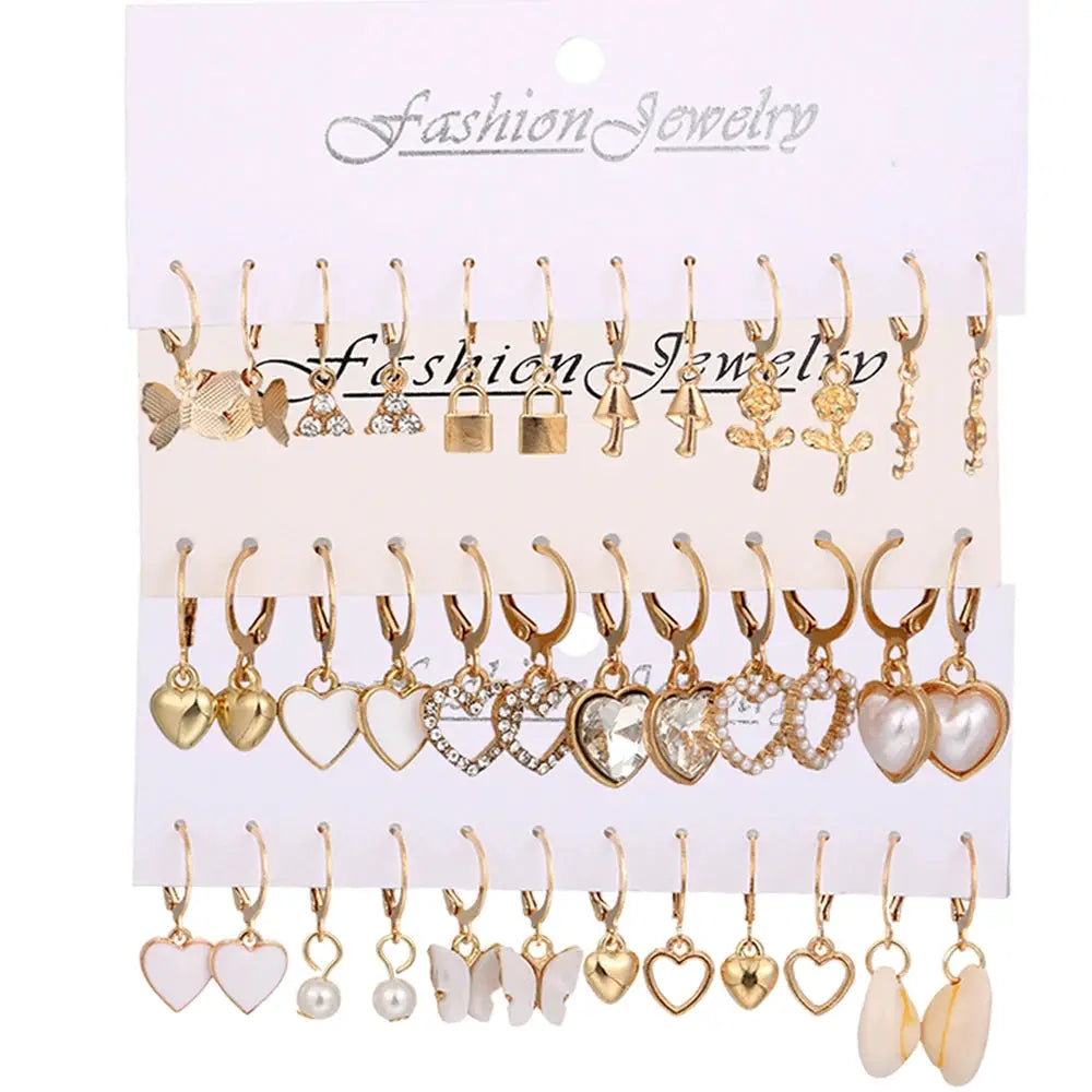 18 Pairs Women Earrings Featuring Snake Butterfly Mushroom Lock Diamond Encrusted Zircon Pearl Love Earrings Collection