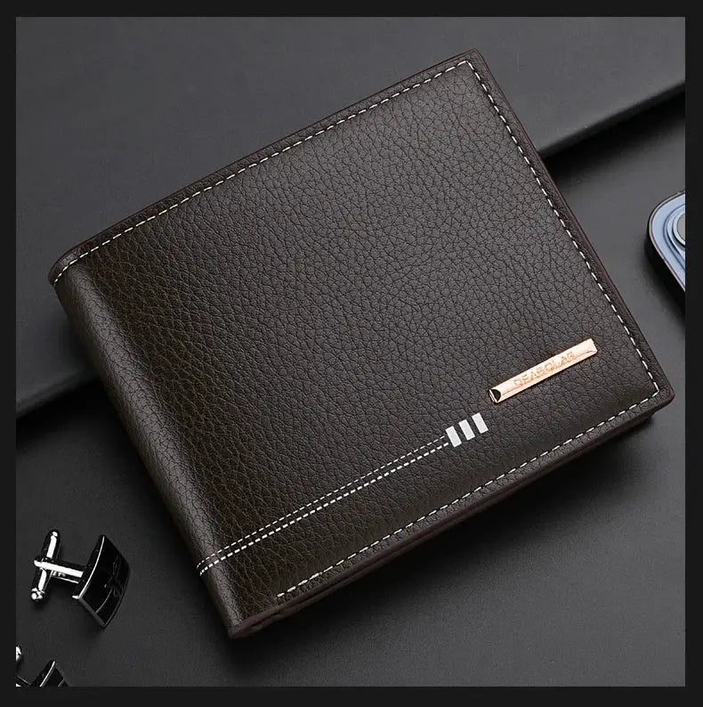 Men's brown lychee-textured leather wallet with white stitching and slim metal plaque
