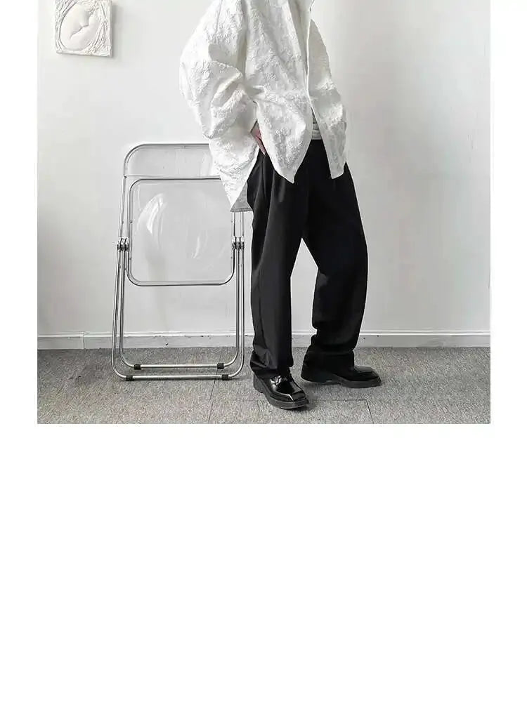 White 2XL crumpled jacquard shirt with loose fit and turn-down collar; bat-wing sleeves, casual top