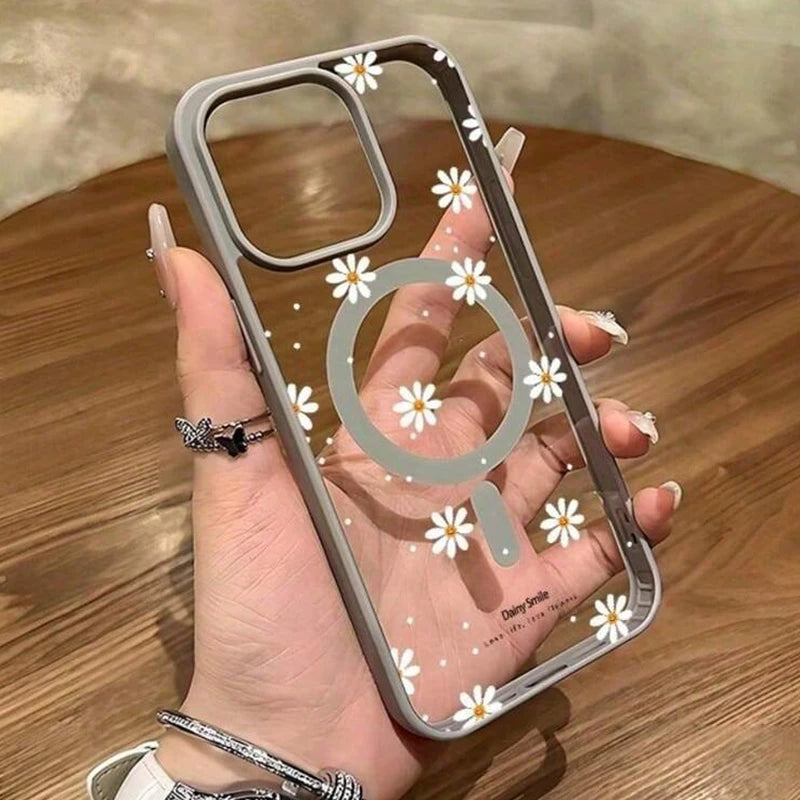 Simples Market clear iPhone case with daisy pattern and MagSafe ring for wireless charging