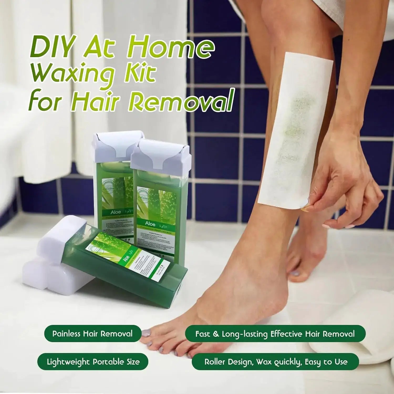 Simples Market 4-piece roll-on wax refill kit with green aloe wax for at-home bikini and body hair removal