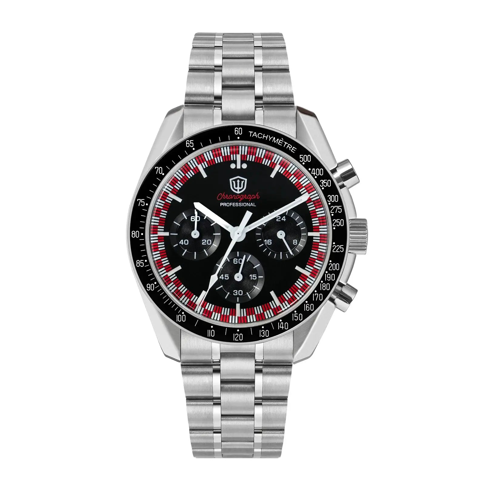 Watchdives WD1863 stainless steel chronograph watch with black dial, red accents and tachymeter bezel