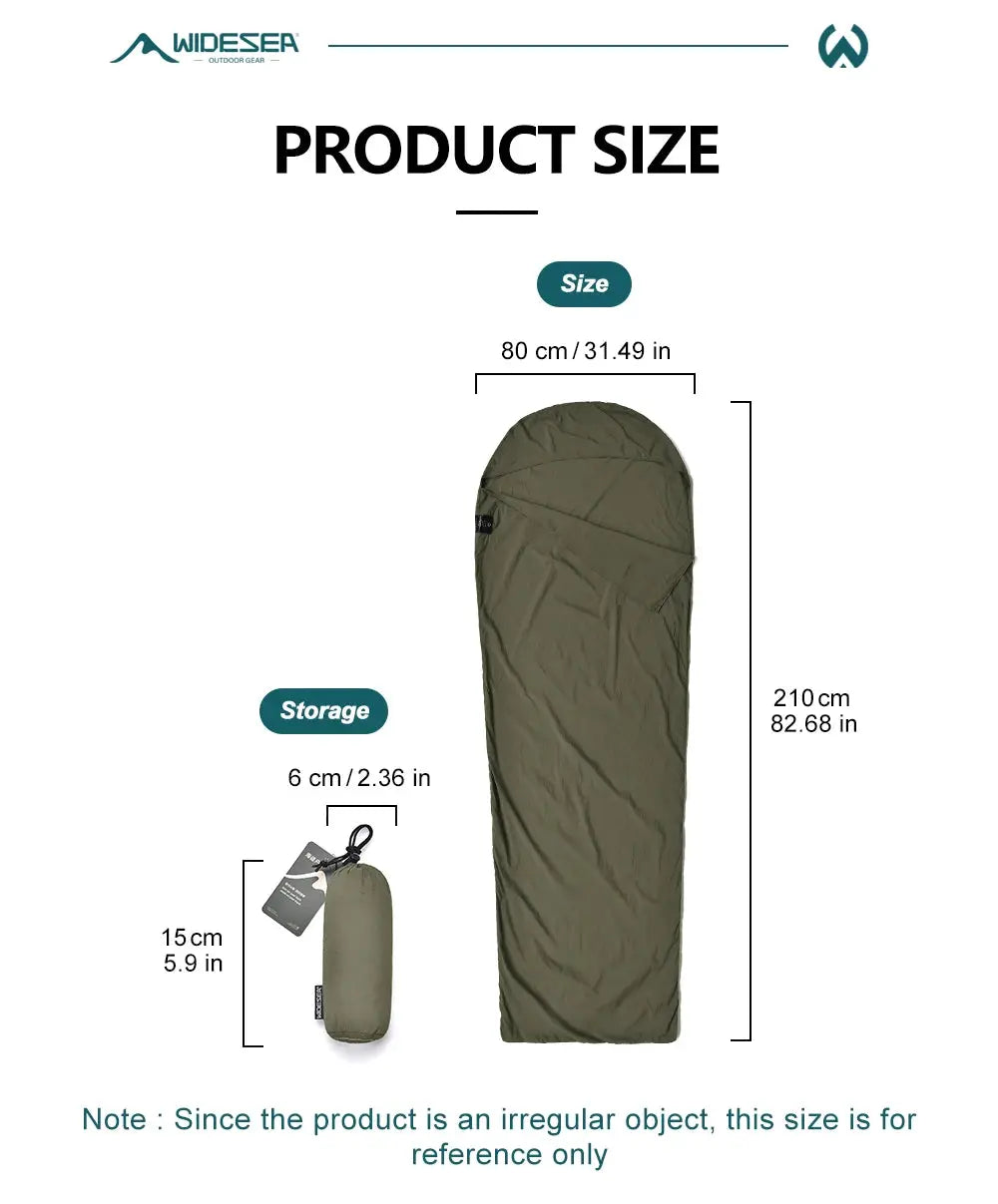 Simples Market outdoor sleeping bag liner for single-person; olive green ultralight mummy design with compact carry bag