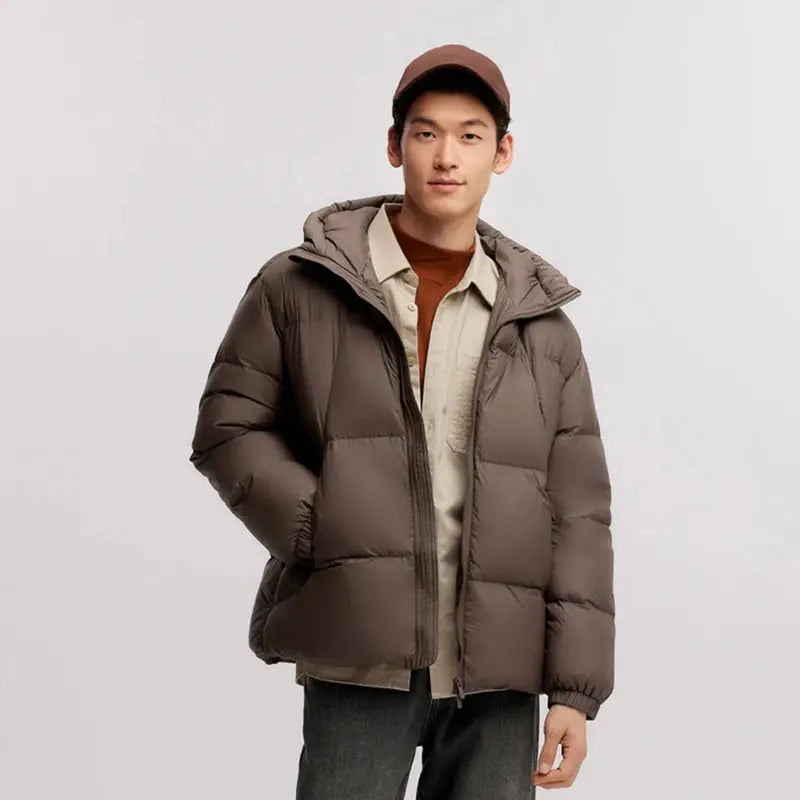 Semir men's brown quilted puffer down jacket with hood, zip front