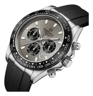 NAVIFORCE casual men's watch with black silicone strap, silver dial, chronograph subdials, and luminous markers.