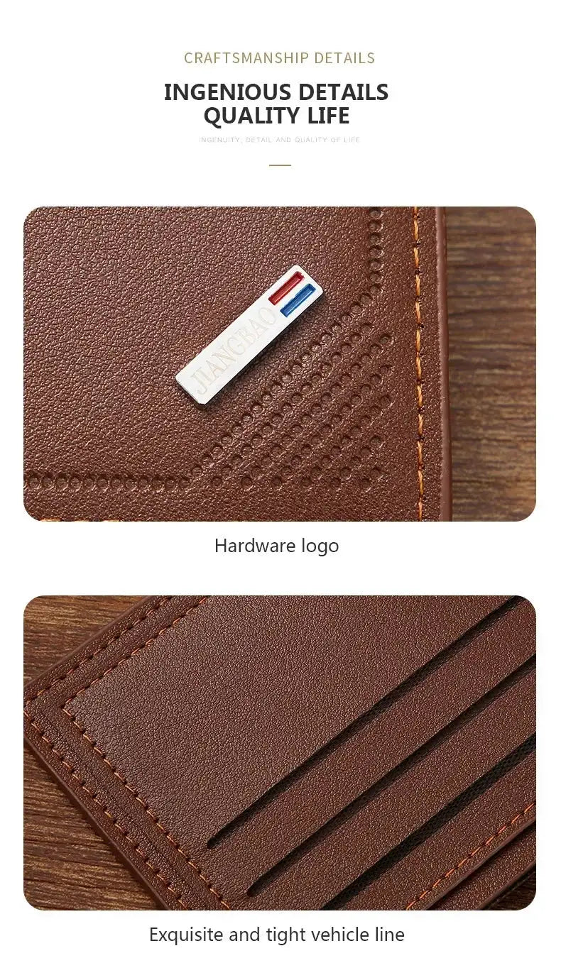 Men's brown leather short wallet with card slots; foldable, minimalist design