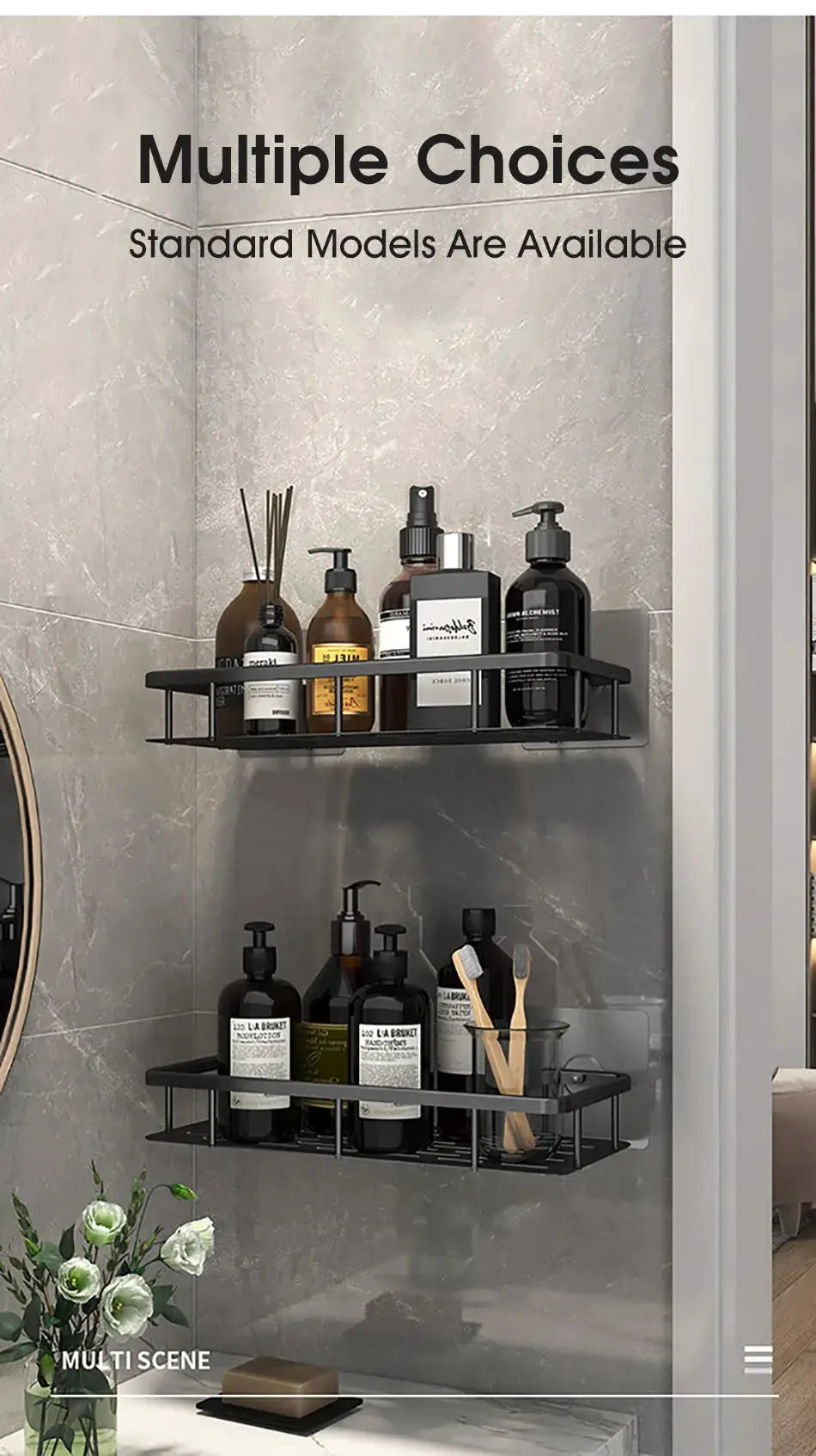 No-drill wall-mounted bathroom corner shelf, black metal two-tier rack for shampoos and toiletries.