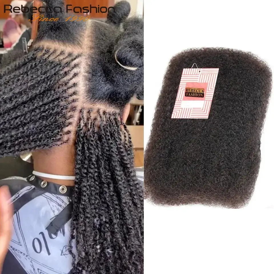 Afro kinky curly bulk human hair for braiding; black Remy bulk hair bundle with Rebecca Fashion tag and braided style