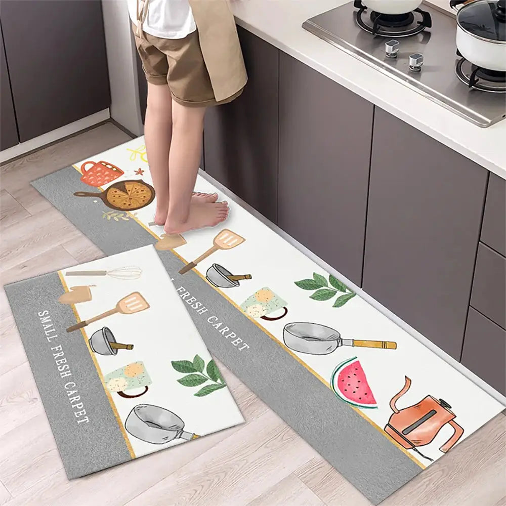 Non-slip kitchen runner mats, two-piece Simples Market set, crystal velvet in white and gray with cookware prints