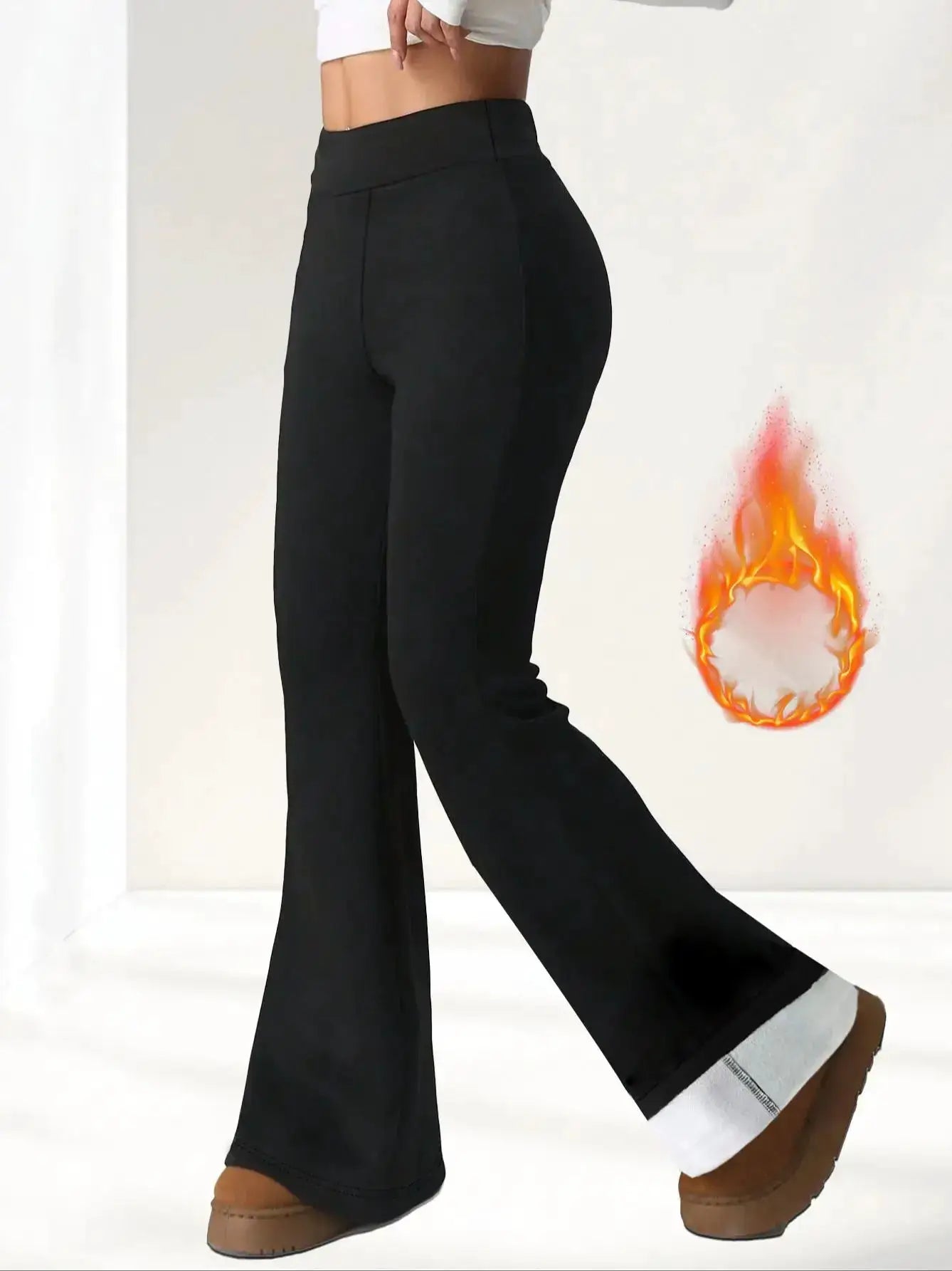 Women's black wool-lined bell-bottom pants with plush lining for winter warmth