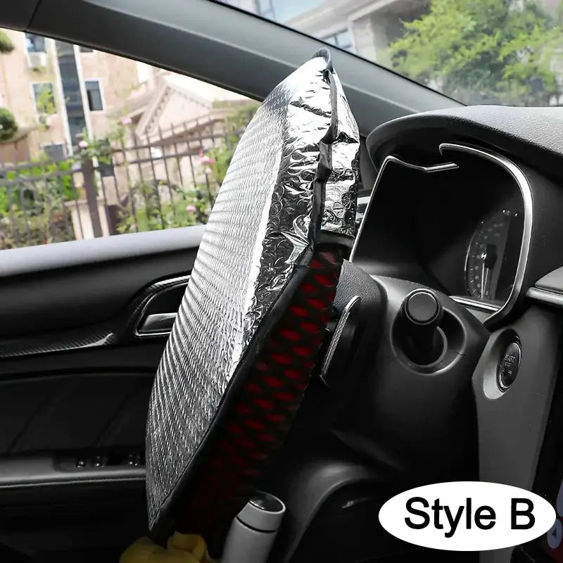 Car steering wheel sun shade, double-thick metallic silver, foldable anti-UV sun screen by Simples Market Style B