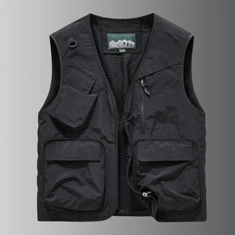 Simples Market men's multi-pocket fishing vest, black lightweight sleeveless waistcoat for outdoor activities