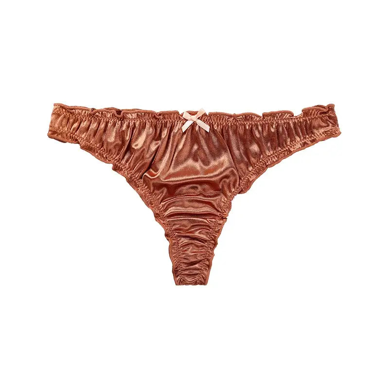 Simples Market satin ice silk thong underwear with frill trim in copper brown