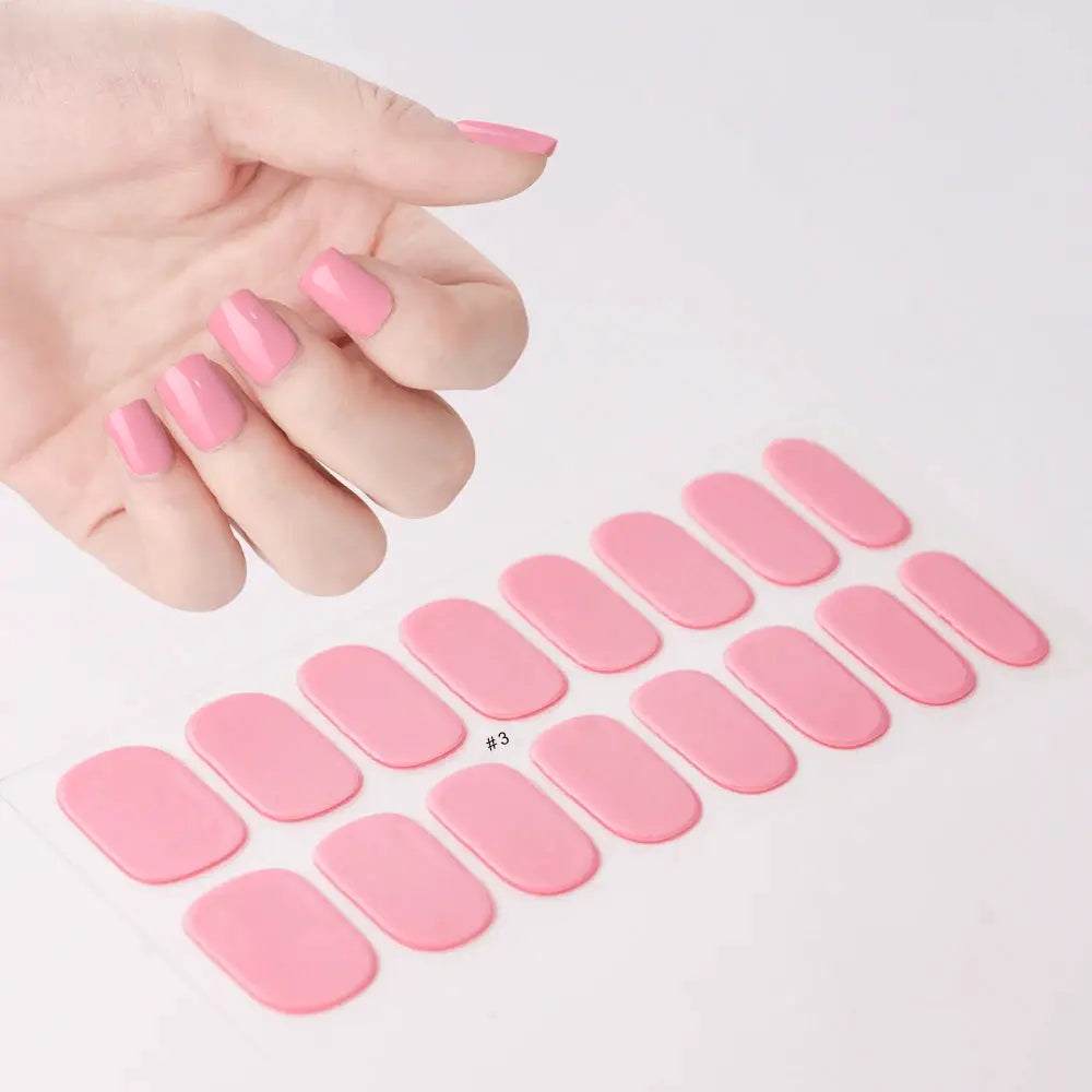 Simples Market 16Tips pink nail stickers sheet with full-cover gel decals; pink nails shown on hand