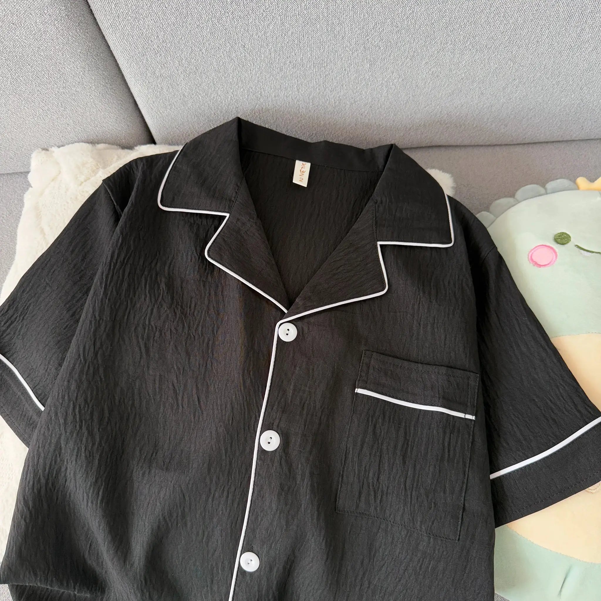 Youth Men's Slim Fit New Pajama Set Solid Color Short Sleeve Lapel Top and Elastic Shorts Pajamas Summer Loungewear Sleepwear