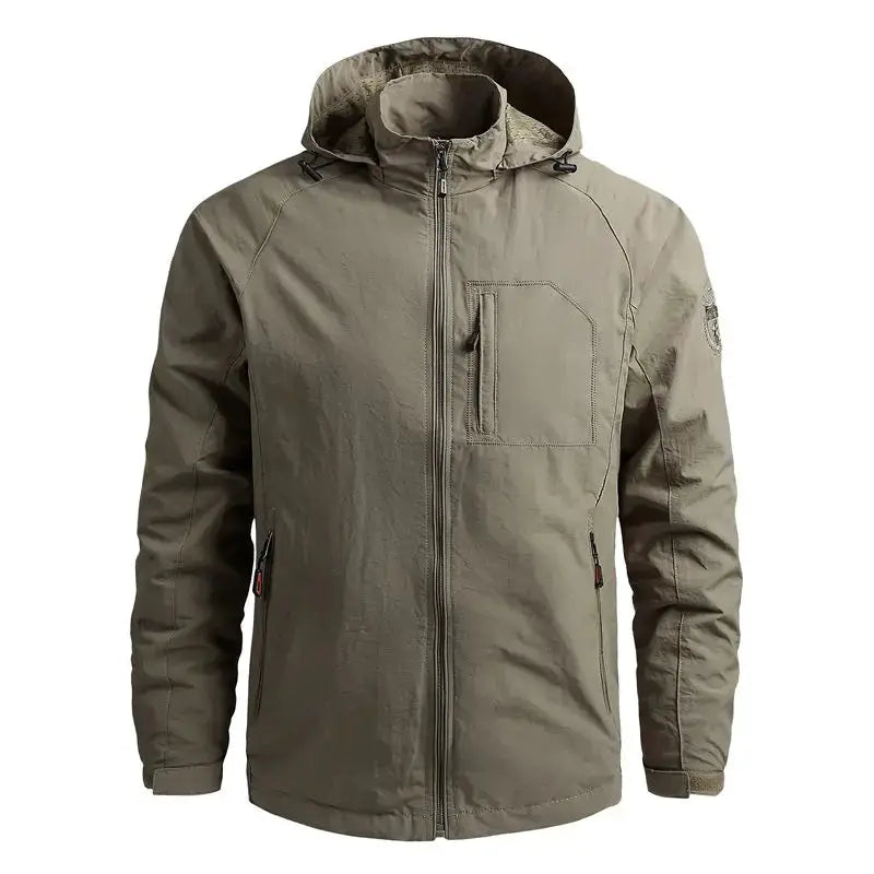 Spring Men's Outdoor Waterproof Jacket in khaki with hood and chest pocket