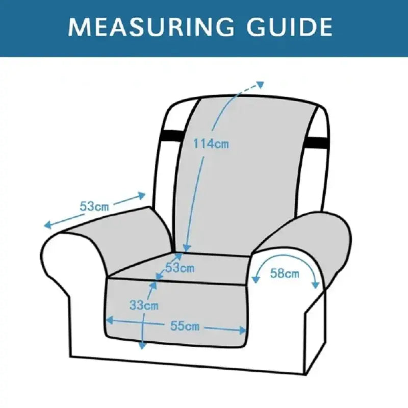 Solid-color recliner armchair slipcover with anti-slip grip; measuring diagram shows dimensions