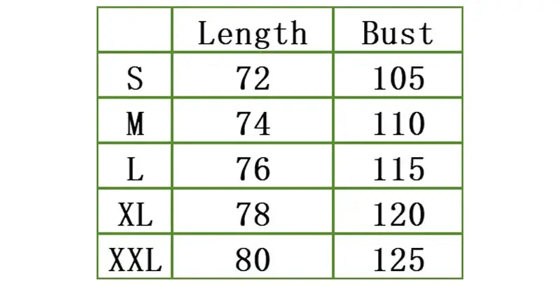 Shirt size chart showing length and bust by size S to XXL.