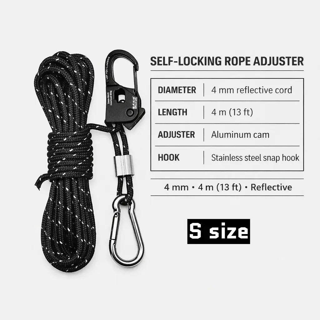 Self-locking rope adjuster with aluminum cam, 4mm reflective cord and stainless steel snap hook by Simples Market