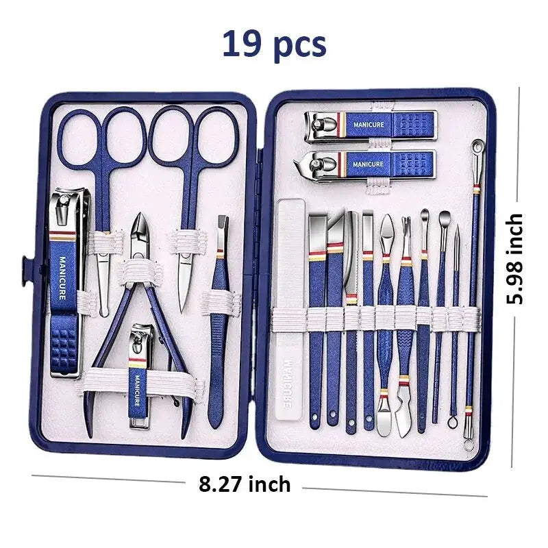 Simples Market 19-piece stainless steel manicure kit in a blue folding case.