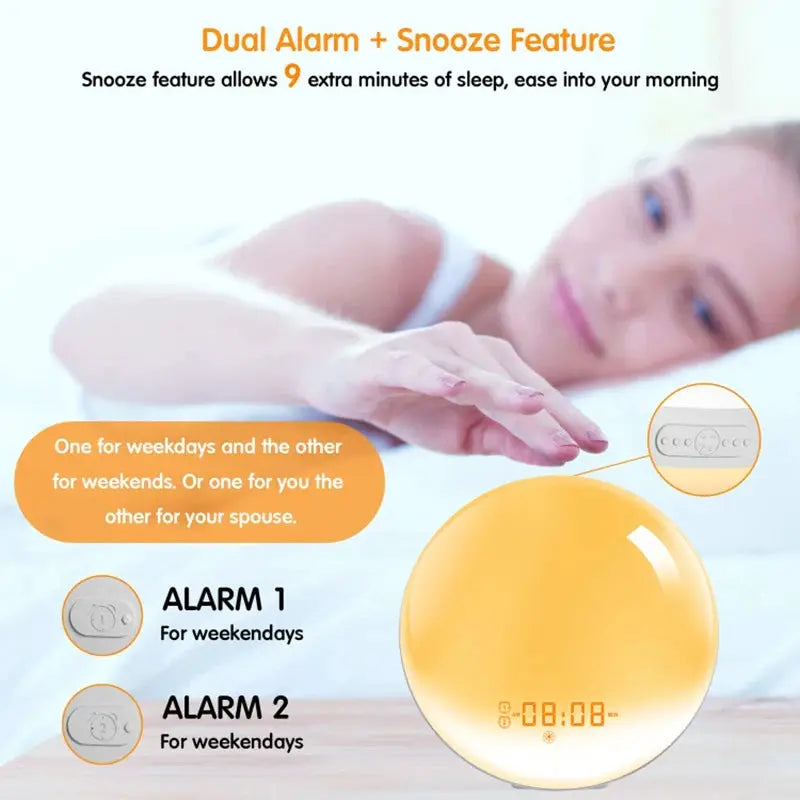 Sunrise alarm clock wake up light by Simples Market; yellow glowing sphere with dual alarm and snooze