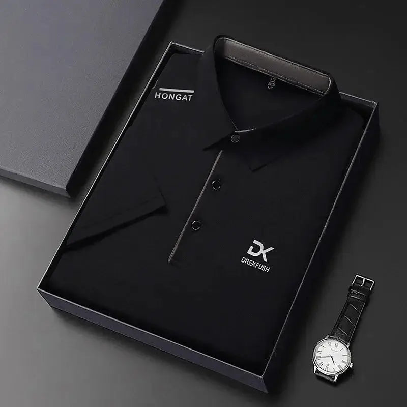 Men's black polo shirt, solid color with badge logo, by DREKFUSH in a gift box