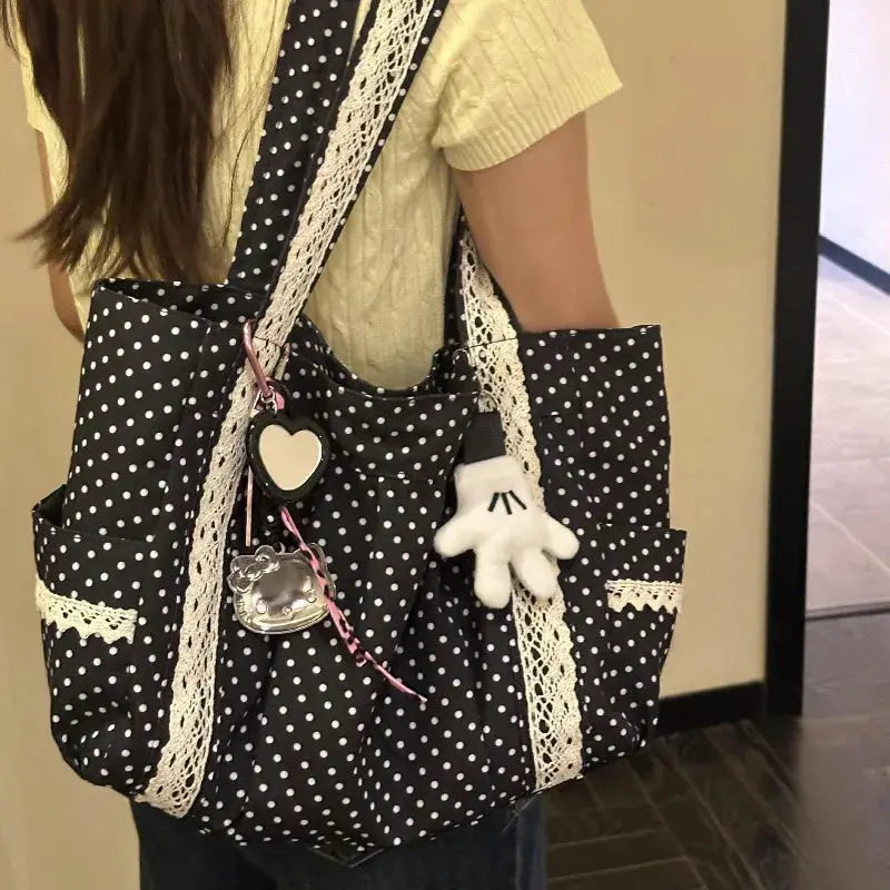 Polka-dot canvas shoulder bag with lace trim, black and white, large-capacity tote with multiple pockets