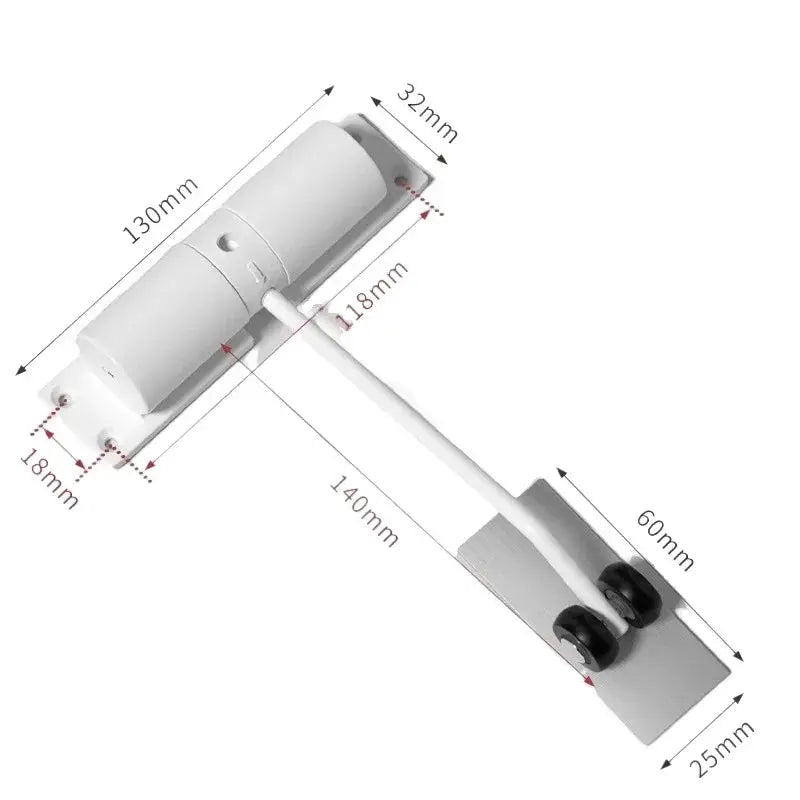 Automatic door closer with adjustable spring, white metal body and long mounting arm; suitable for 20–40 kg doors.