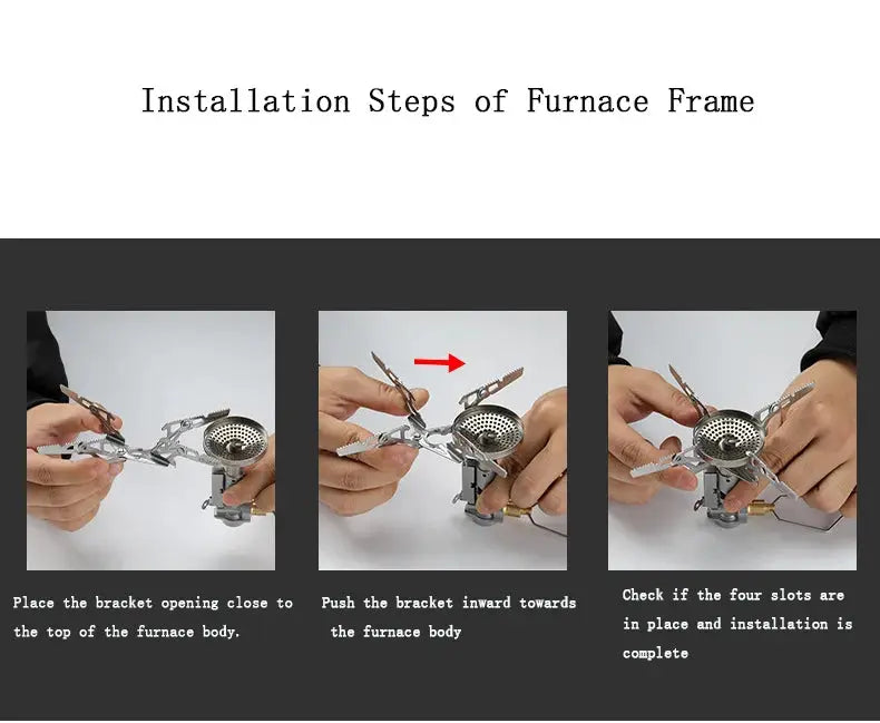Camping stove XD-2F outdoor portable gas burner being assembled in three-step installation.