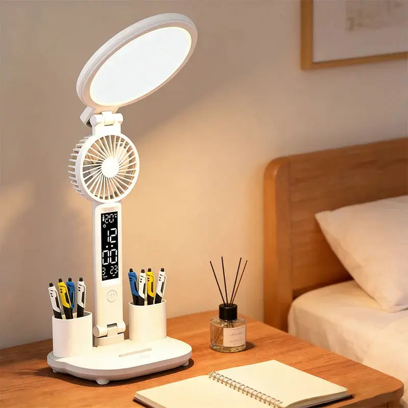 LED Clock Table Lamp, white, 2-head design with 180° rotate, USB rechargeable and dimmable desk light