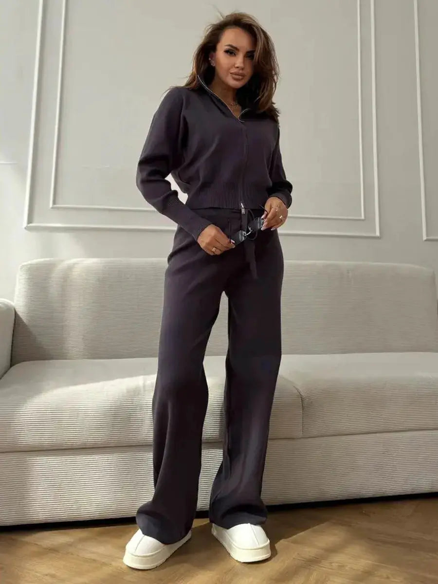 Bornladies Knit Zip Up Cropped Cardigan With Wide Leg Pants Set Women
