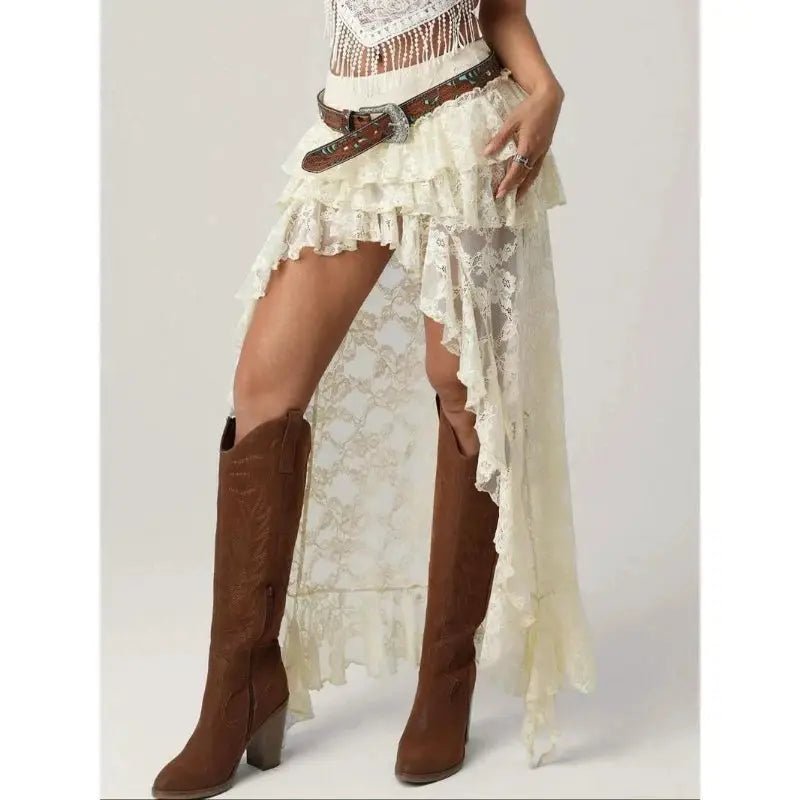 Deeptown Y2k asymmetrical lace tulle skirt for women in ivory with layered ruffles and high-low hem
