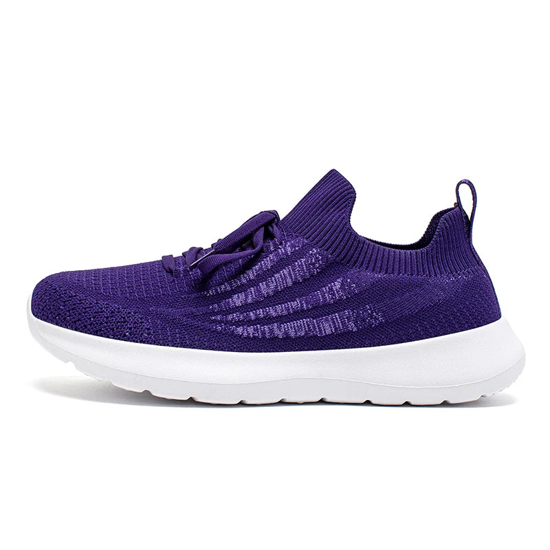 HOBIBEAR unisex running sneaker, purple knit upper, white cushioned sole, lace-up breathable shoe