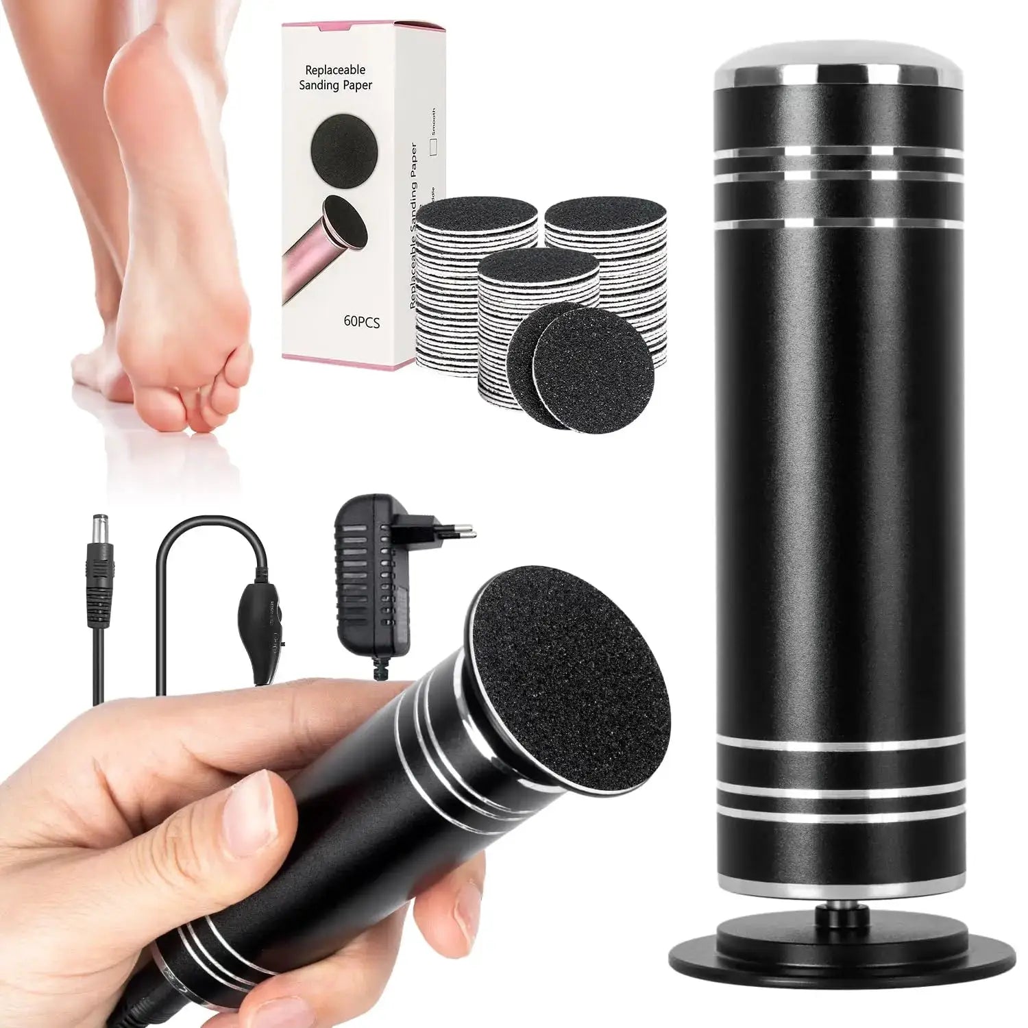 Simples Market black electric foot grinder callus remover with adjustable speed and 60 replacement sanding discs.