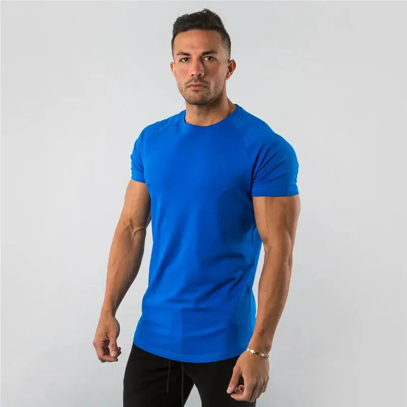 Blue cotton short-sleeve men's gym T-shirt by Simples Market, slim fit