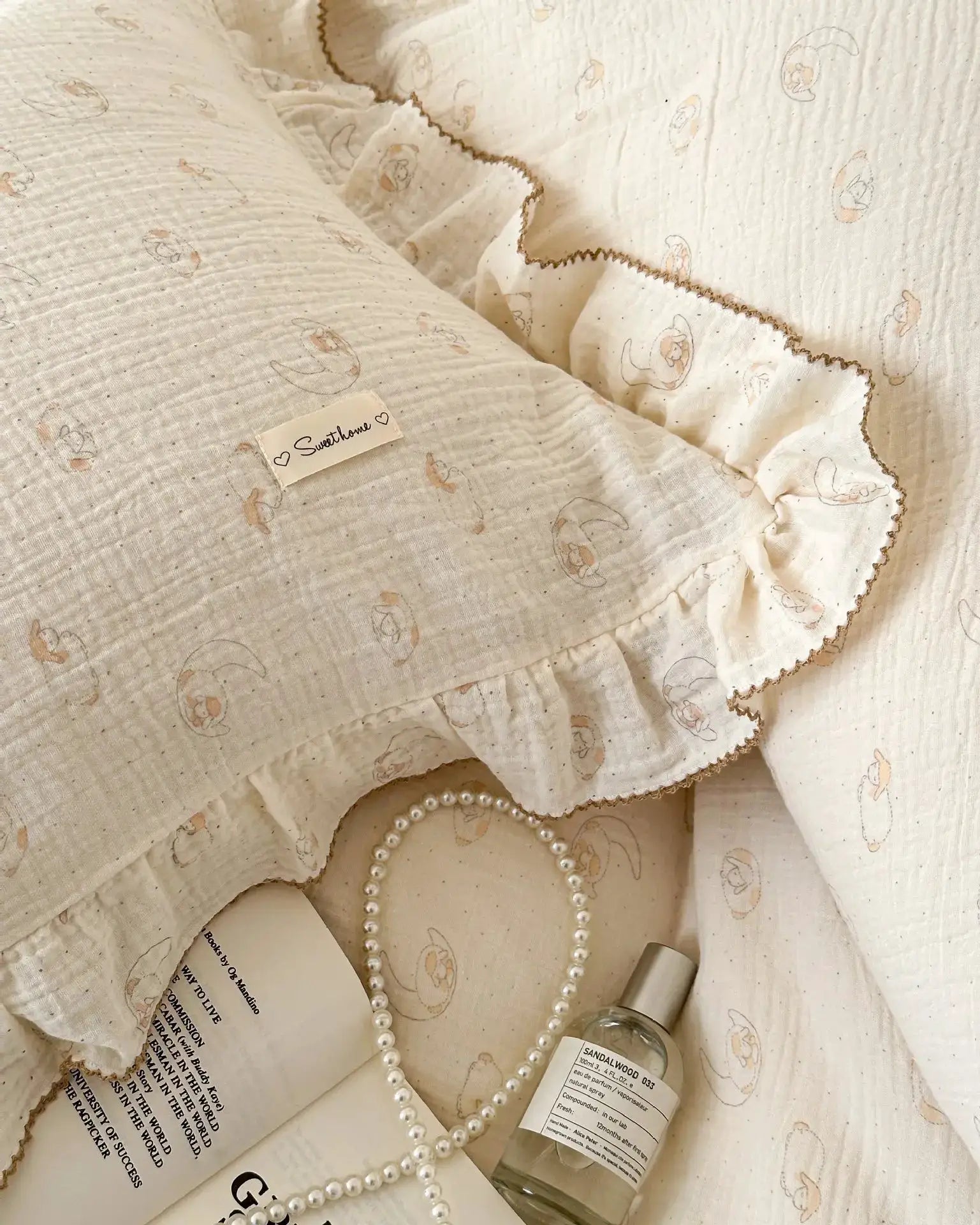 Princess gauze cotton bedding set with ruffle edge, floral print, 3pc by Simples Market
