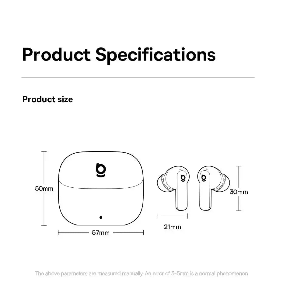 Baseus Bass EP10 wireless earbuds with charging case; two earbuds shown with dimensions.