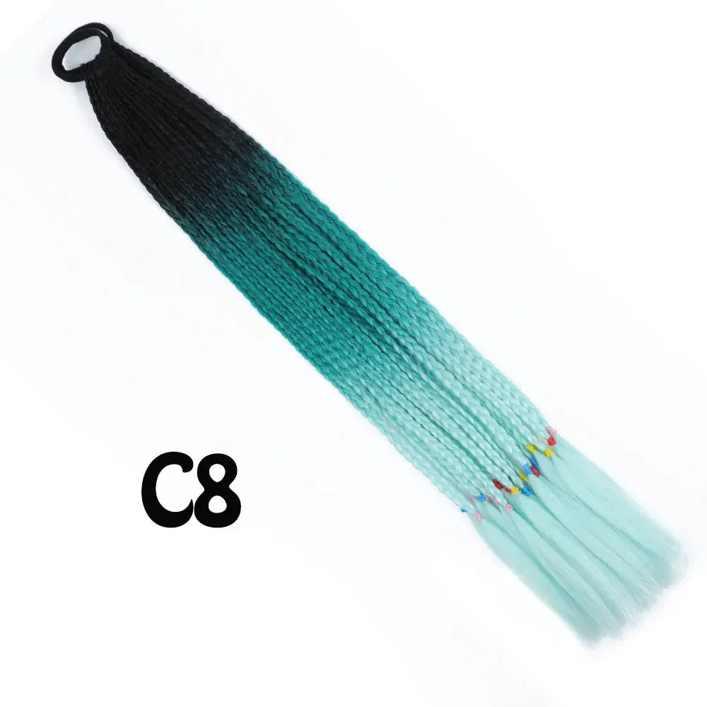 Synthetic gradient braided ponytail extension, 24 inches, black-to-teal gradient with elastic band and beads at ends.
