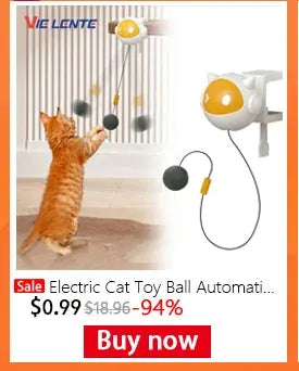 Electric cat toy ball with string and hanging balls; orange cat reaches toward it