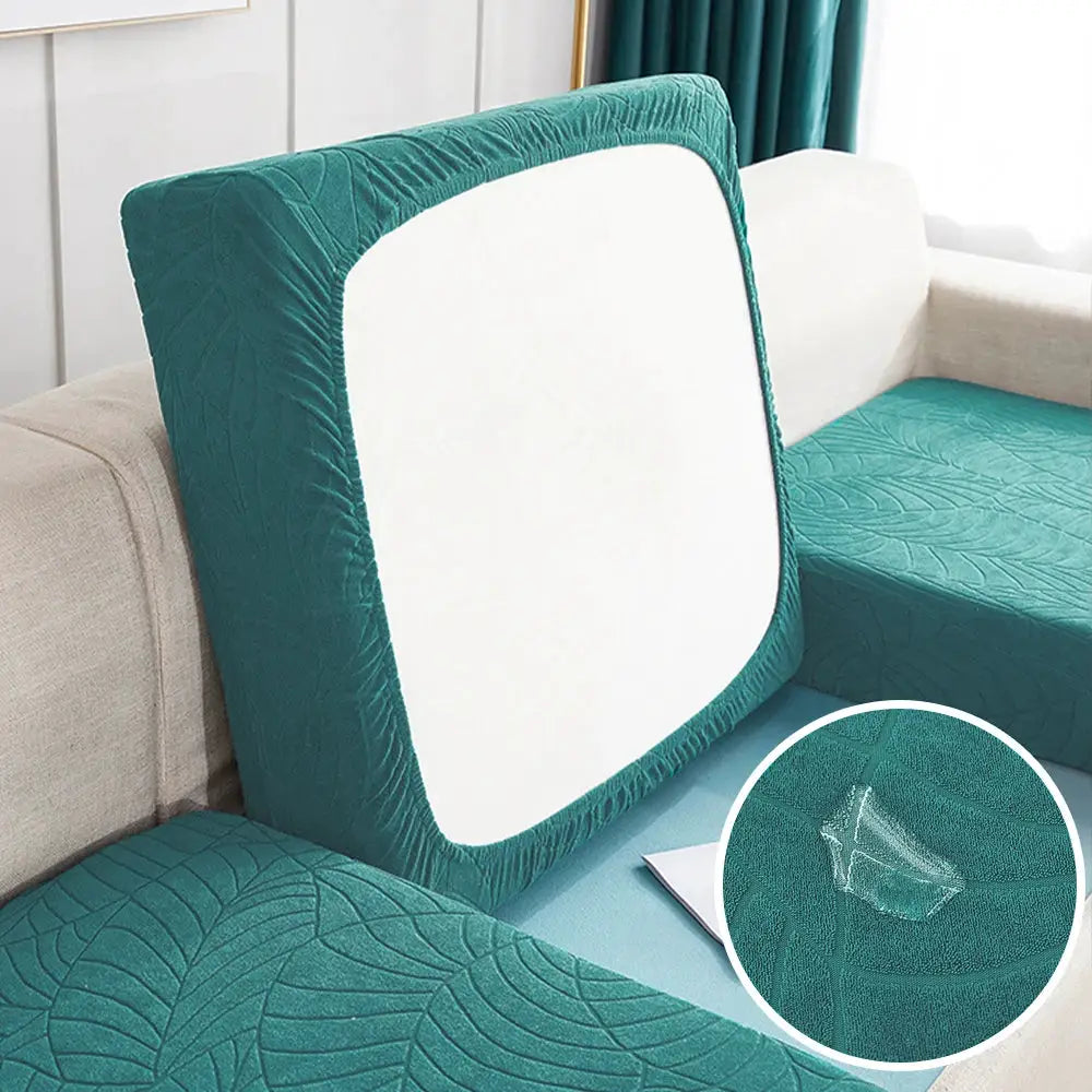 Teal jacquard waterproof stretch sofa cushion cover set for chaise lounge, removable protector (3-piece)