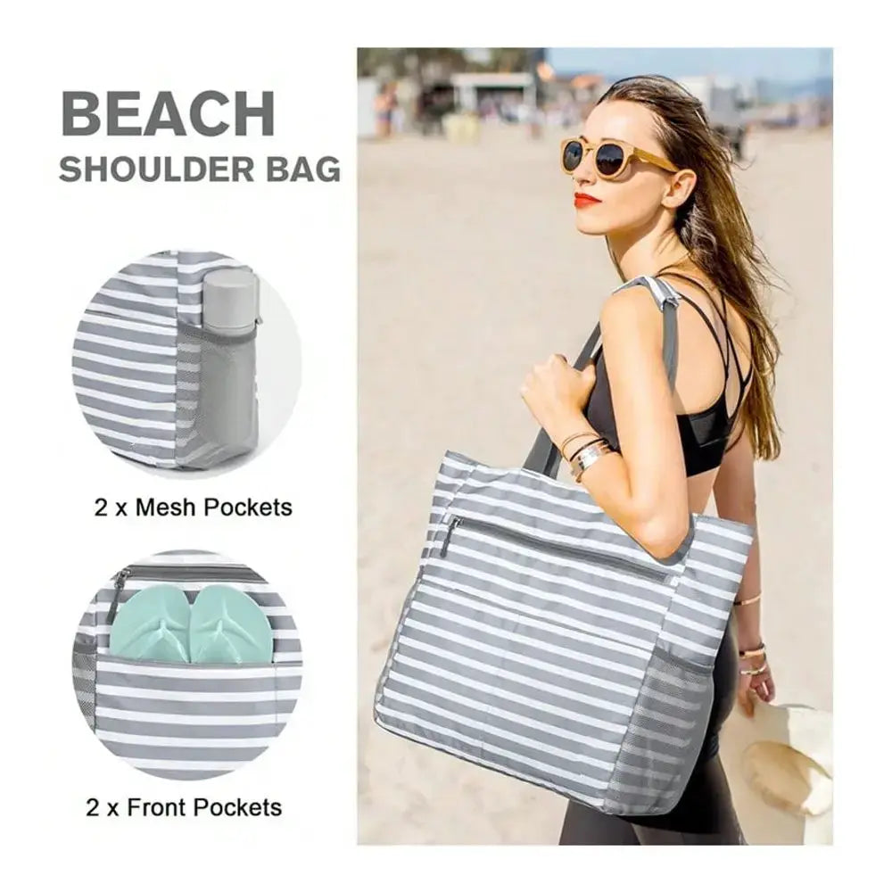Waterproof foldable beach tote bag by Simples Market, gray striped with 2x mesh pockets and 2x front pockets