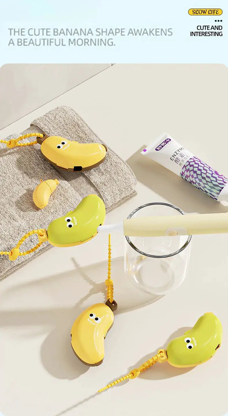 Simples Market banana-shaped toothbrush protective caps with toothpaste storage, yellow and lime green, set of 4.