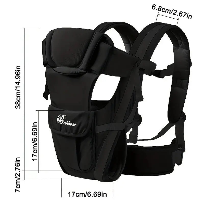 4-in-1 ergonomic baby carrier backpack with detailed dimensions for optimal comfort and support.