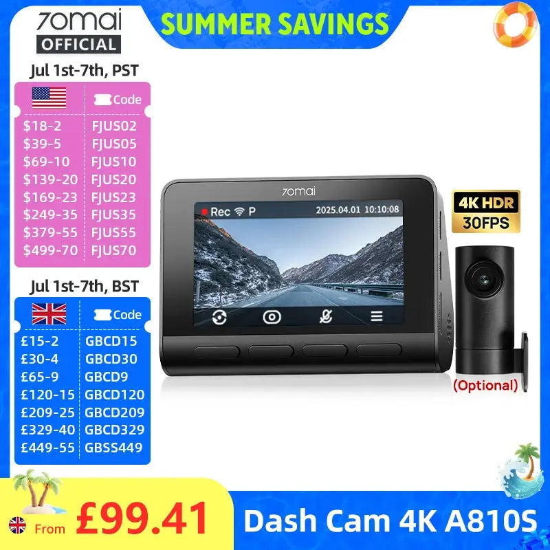 70mai Dash Cam 4K A810S with LCD display and optional external camera, black